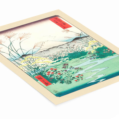 River and Mountain Woodblock Painting Laying Flat on a White Background