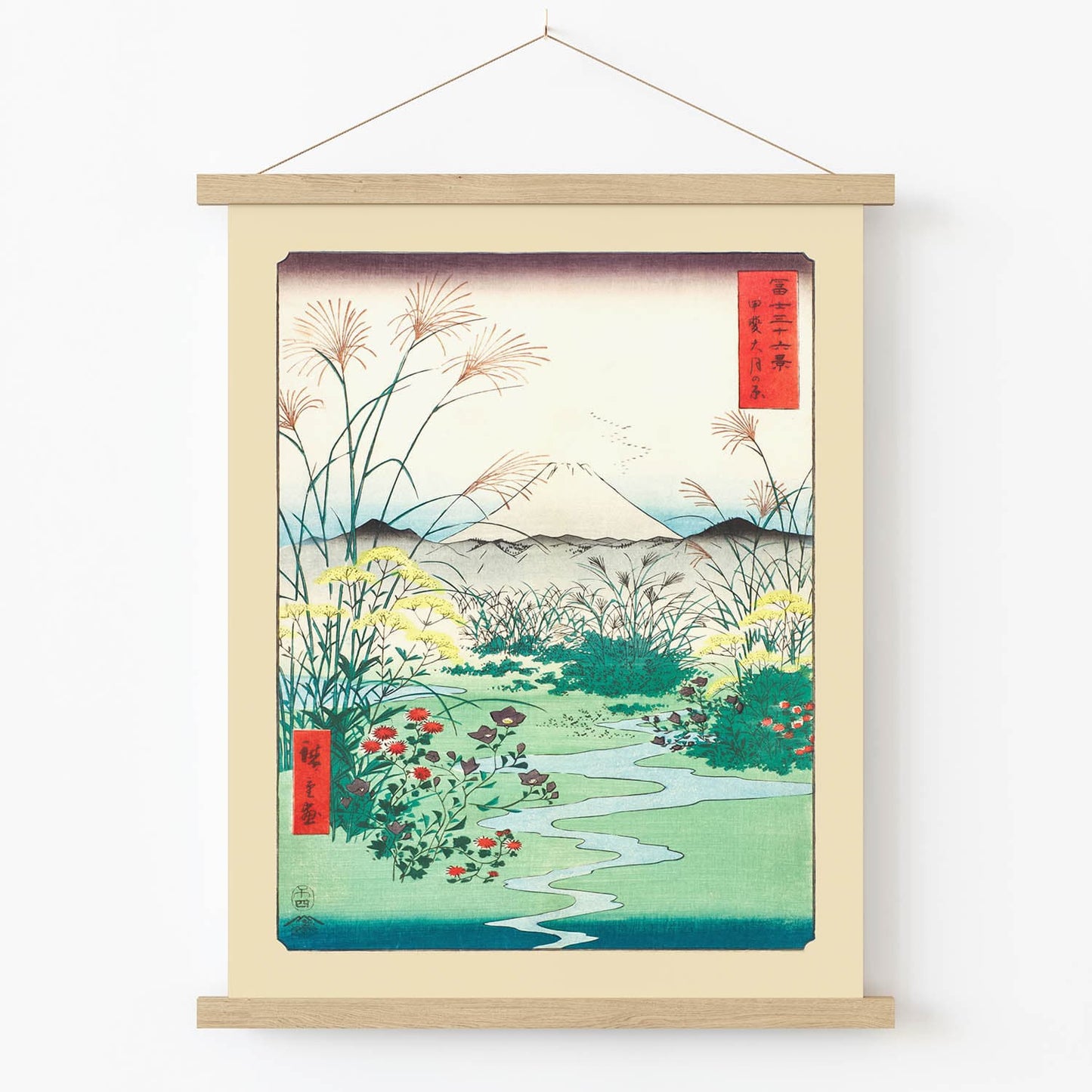 River and Mountain Woodblock Art Print in Wood Hanger Frame on Wall