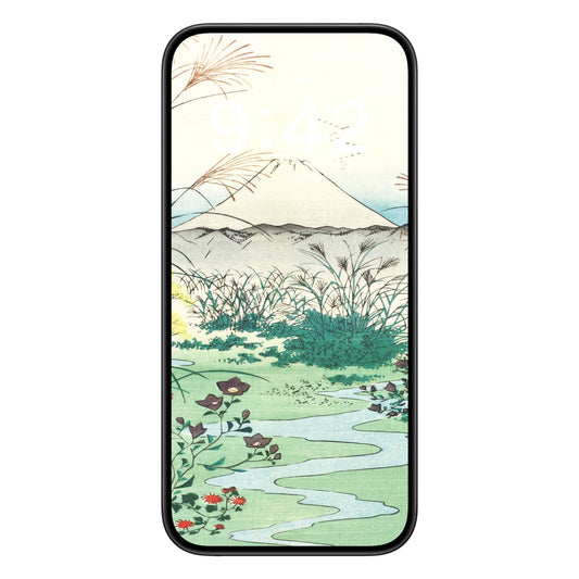 Japanese Spring Landscape phone wallpaper background with mountains design shown on a phone lock screen, instant download available.