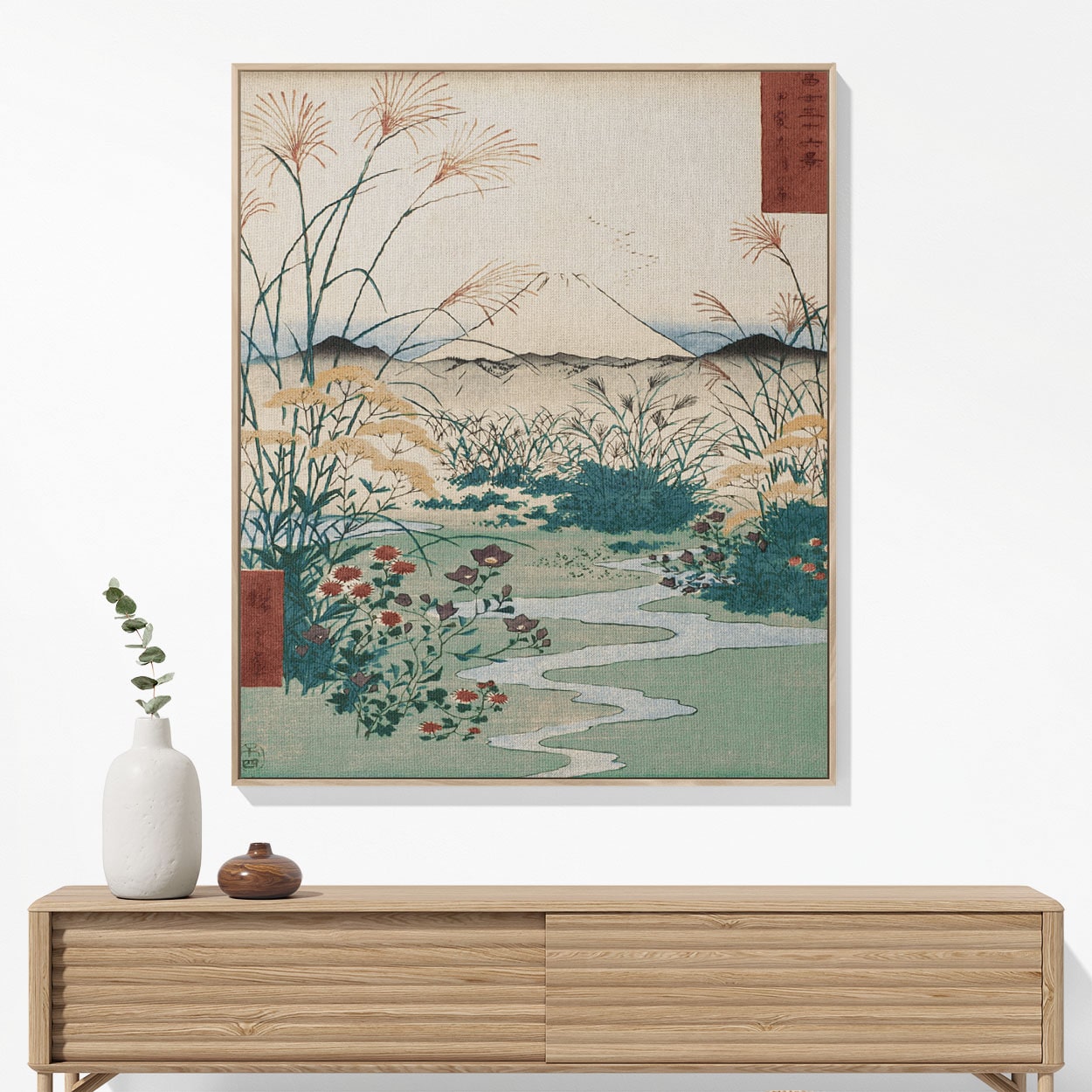 Japanese Spring Landscape Woven Blanket Hanging on a Wall as Framed Wall Art