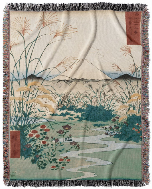 Japanese Spring Landscape woven throw blanket, crafted from 100% cotton, offering a soft and cozy texture with a mountains theme for home decor.
