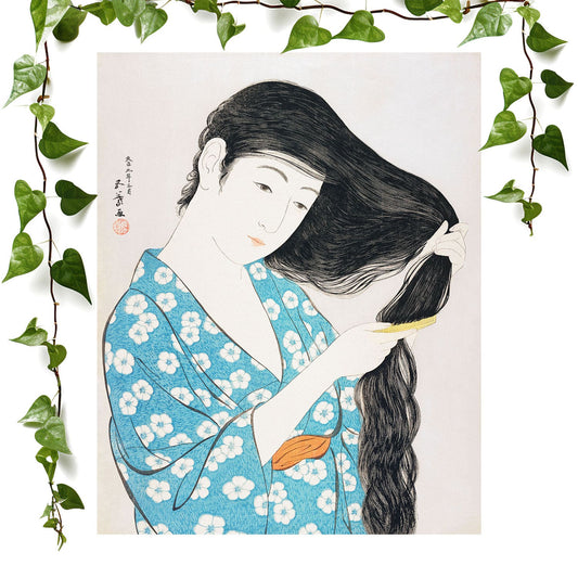 Japanese Art art prints featuring a woman combing her hair, vintage wall art room decor