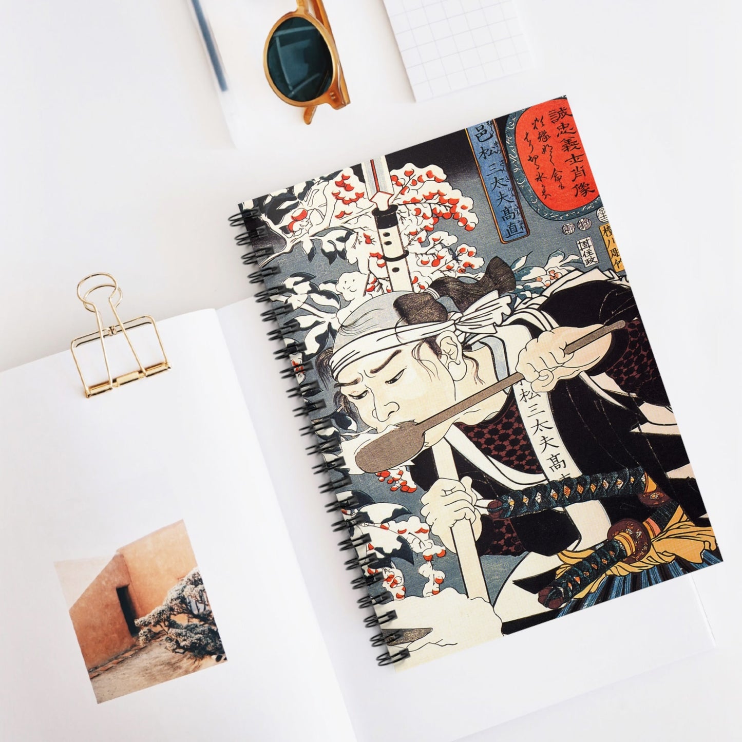 Japanese Warrior Spiral Notebook Displayed on Desk