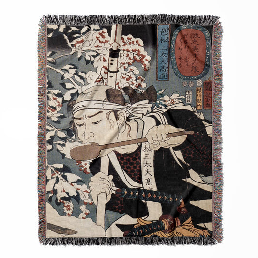 Japanese Warrior woven throw blanket, crafted from 100% cotton, presenting a soft and cozy texture with a Utagawa Kuniyoshi inspired design for home decor.