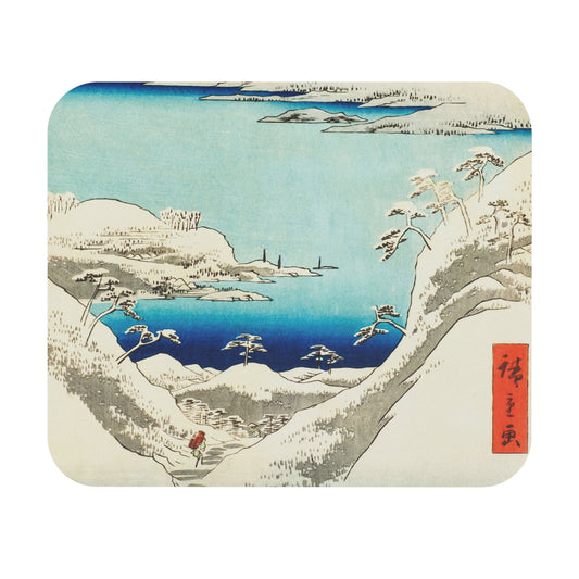 Japanese Winter Mouse Pad showcasing mountains scenic view, ideal for desk and office decor.