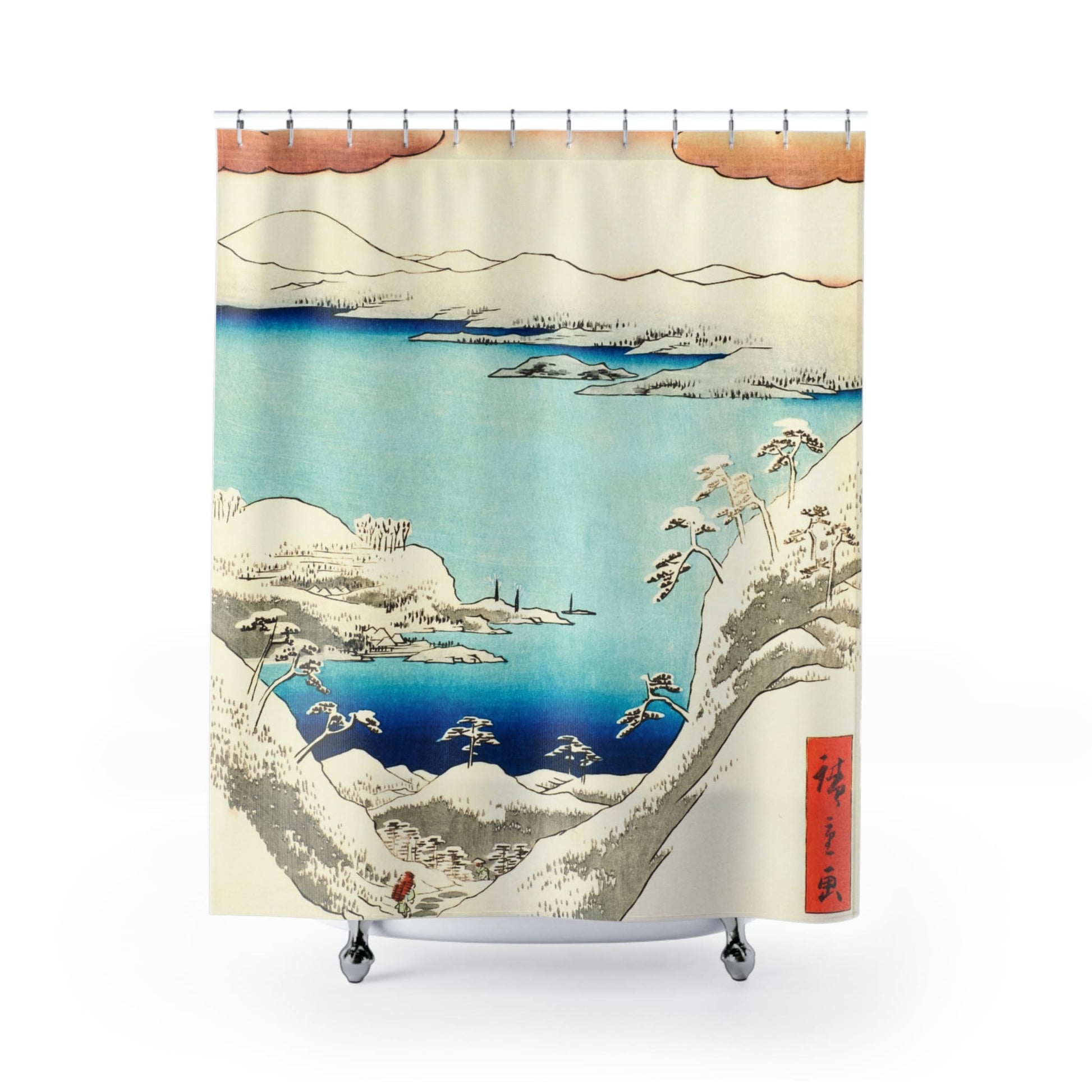 Japanese Winter Shower Curtain with mountains design, scenic bathroom decor featuring traditional Japanese winter landscapes.