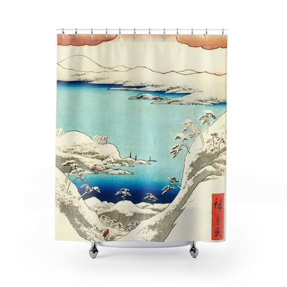 Japanese Winter Shower Curtain with mountains design, scenic bathroom decor featuring traditional Japanese winter landscapes.