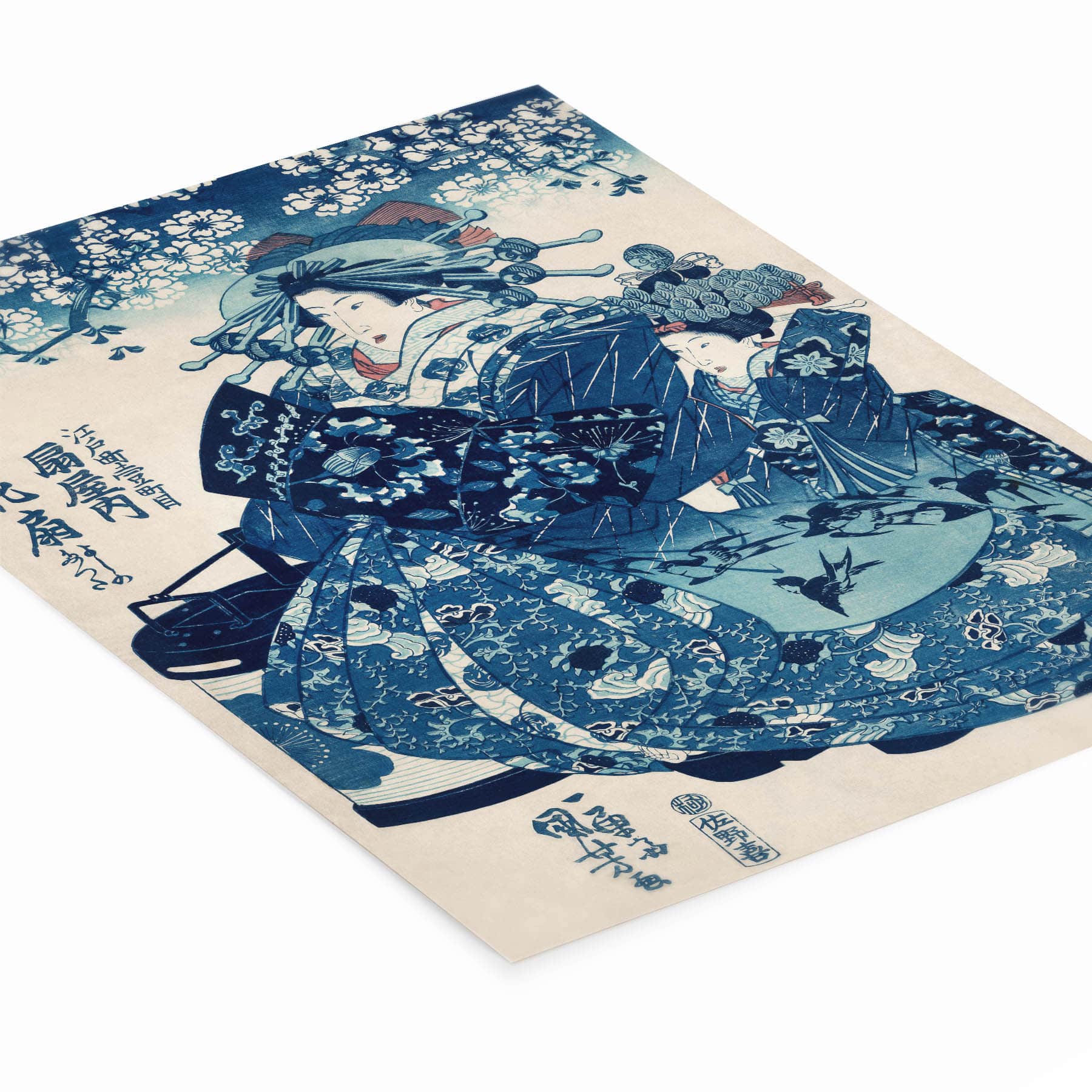 Geisha in a Blue Kimono Woodblock Print Laying Flat on a White Background