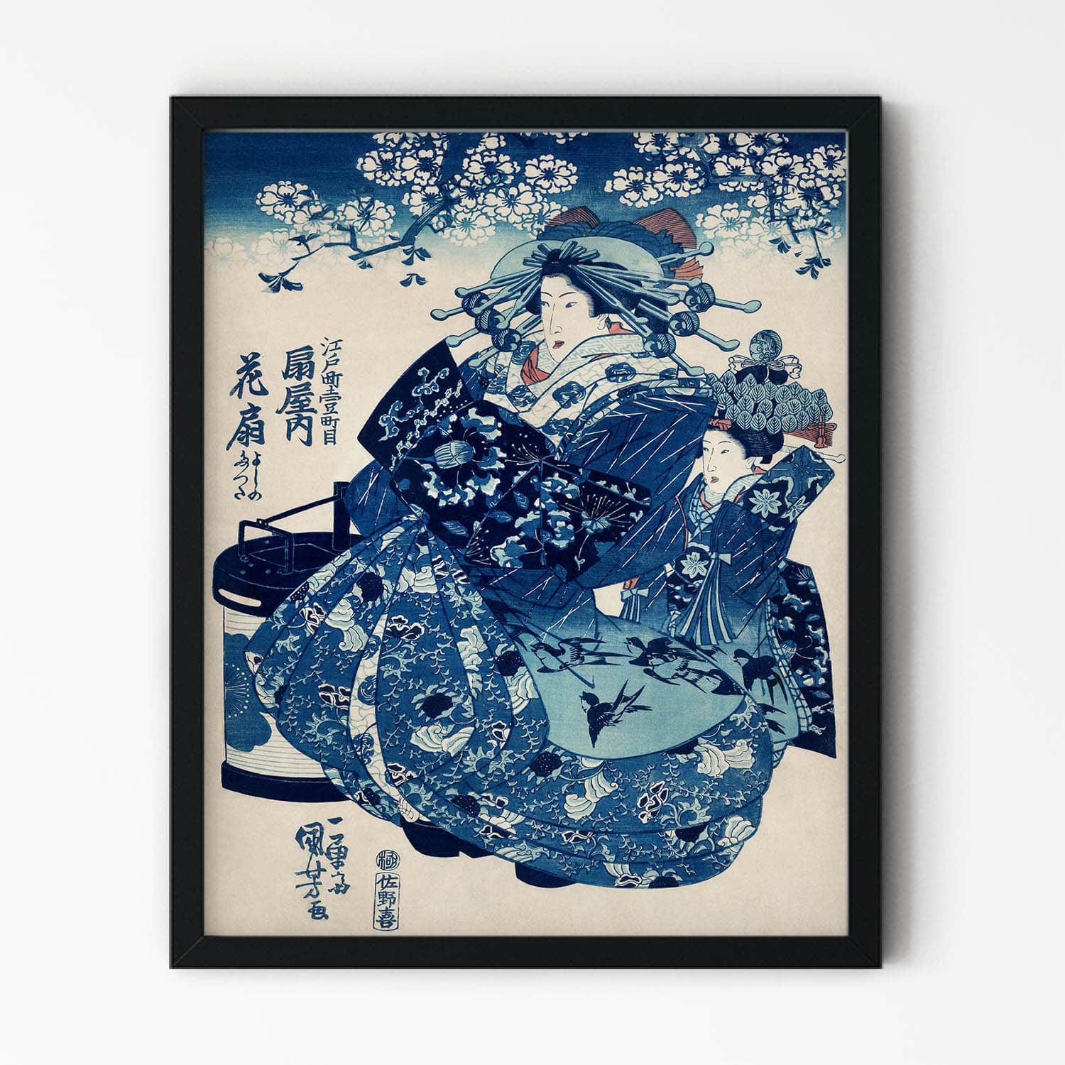 Geisha in a Blue Kimono Woodblock Print in Black Picture Frame