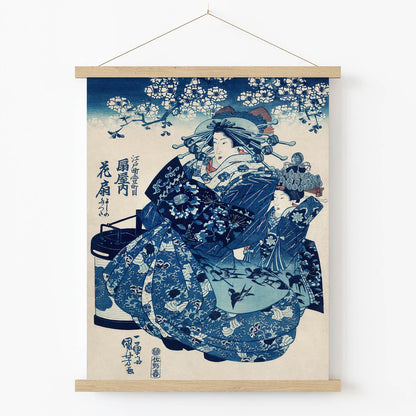 Geisha in a Blue Kimono Art Print in Wood Hanger Frame on Wall