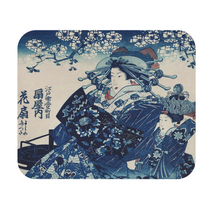 Japanese Woman Mouse Pad with blue kimono art, desk and office decor showcasing elegant Japanese fashion.