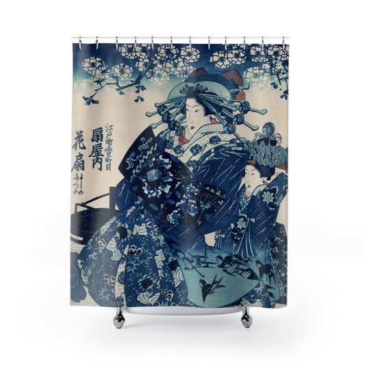 Japanese Woman Shower Curtain with blue kimono design, cultural bathroom decor featuring elegant Japanese fashion.