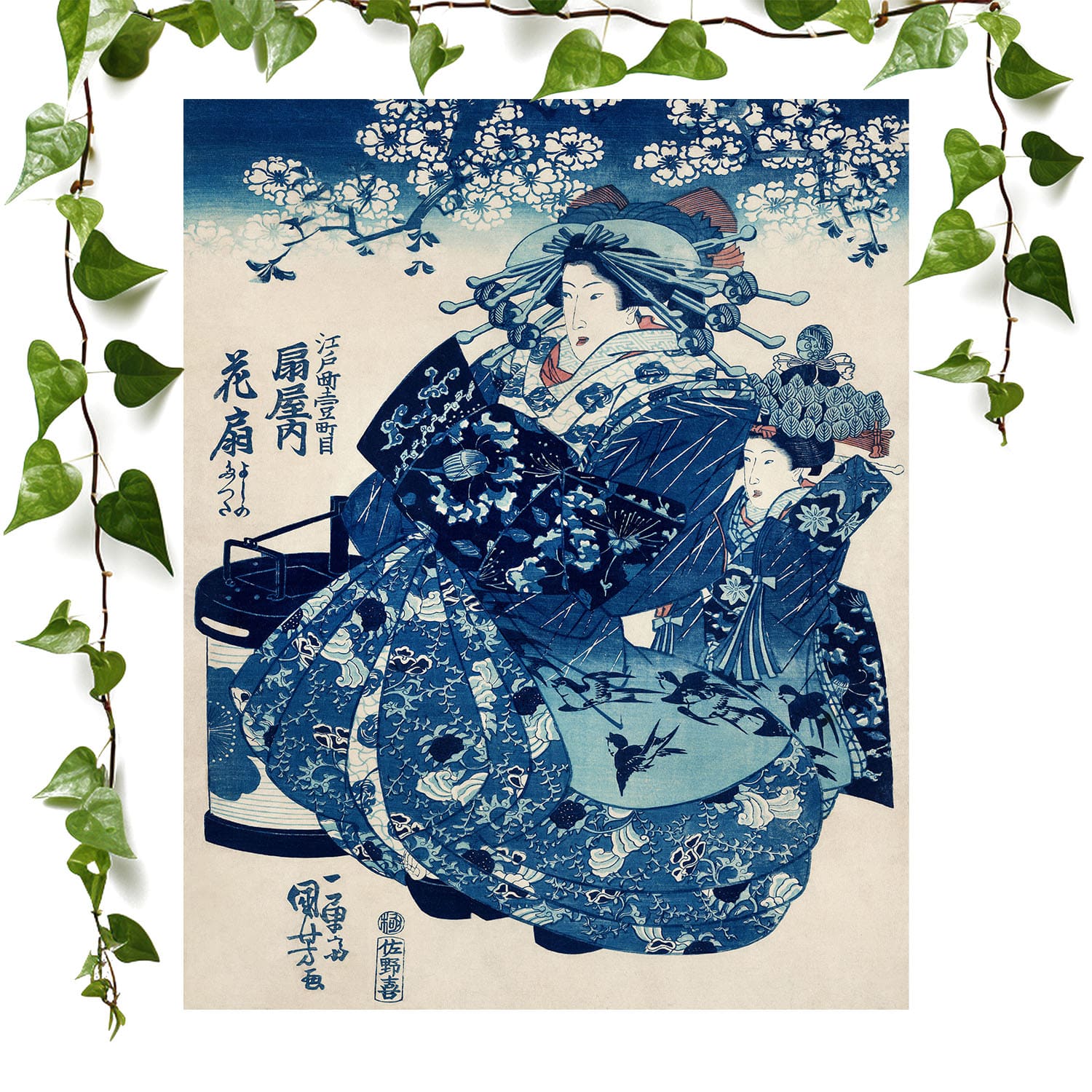 Japanese Woman art print blue kimono, vintage wall art room decor