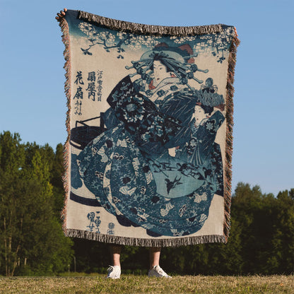 Japanese Woman Woven Blanket Held Up Outside