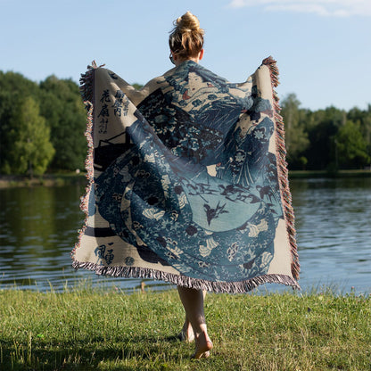 Japanese Woman Woven Blanket Held on a Woman's Back Outside