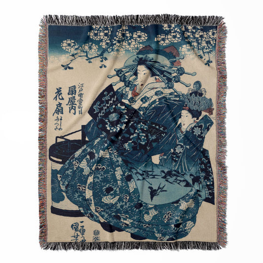 Japanese Woman woven throw blanket, made with 100% cotton, delivering a soft and cozy texture with a blue kimono design for home decor.