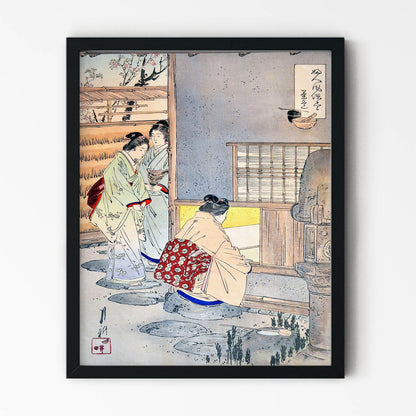 Light and Minimalist Woodblock Painting in Black Picture Frame