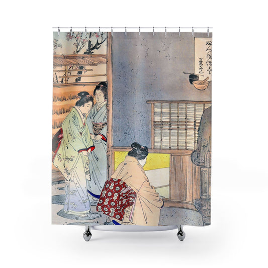 Japanese Women Shower Curtain with tea gathering design, cultural bathroom decor showcasing traditional Japanese tea gatherings.