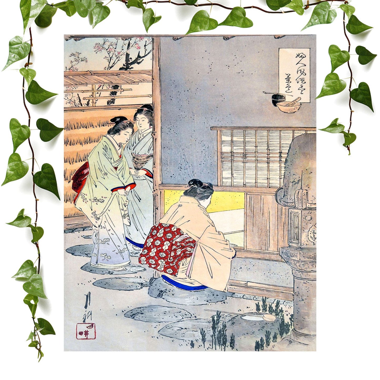 Japanese Women art prints featuring a tea gathering, vintage wall art room decor