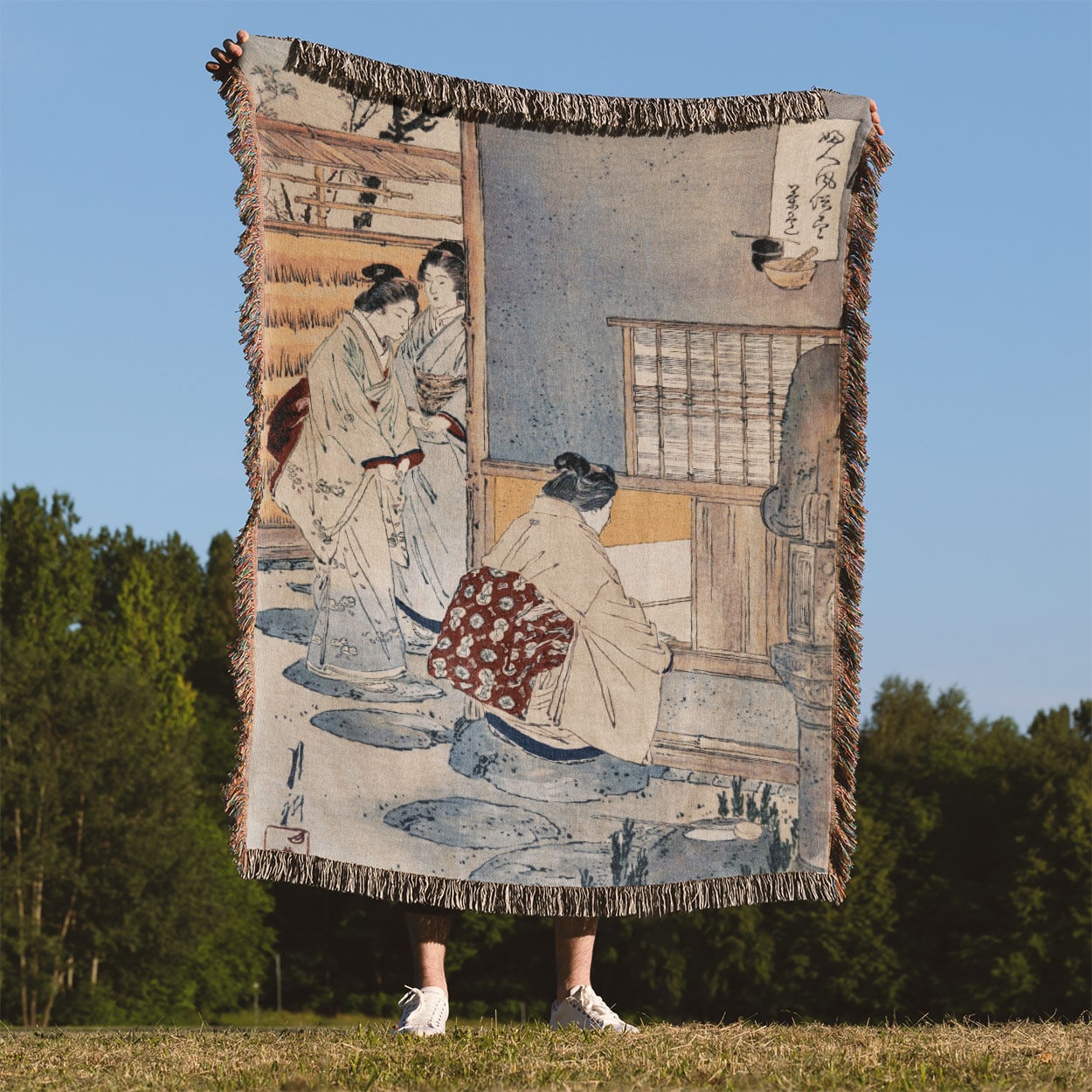 Japanese Women Working Woven Blanket Held Up Outside