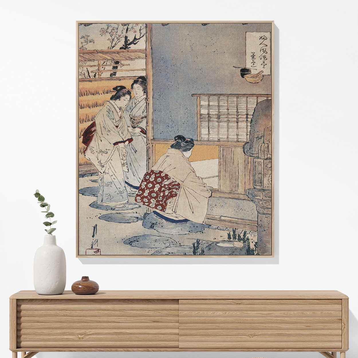 Japanese Women Working Woven Blanket Woven Blanket Hanging on a Wall as Framed Wall Art