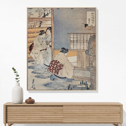 Japanese Women Working Woven Blanket Hanging on a Wall as Framed Wall Art