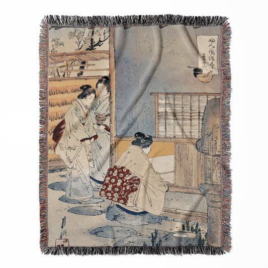 Japanese Women woven throw blanket, made with 100% cotton, providing a soft and cozy texture with a tea gathering design for home decor.