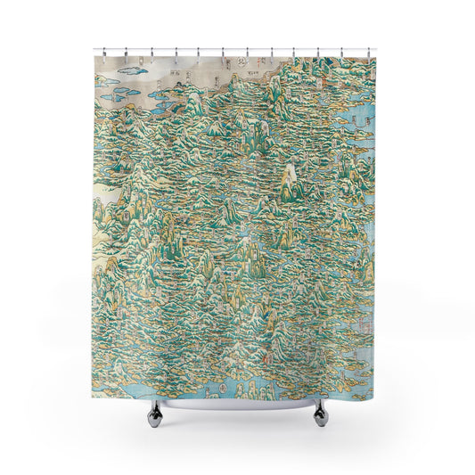 Woodblock Shower Curtain with map of China design, cultural bathroom decor showcasing traditional woodblock map art.