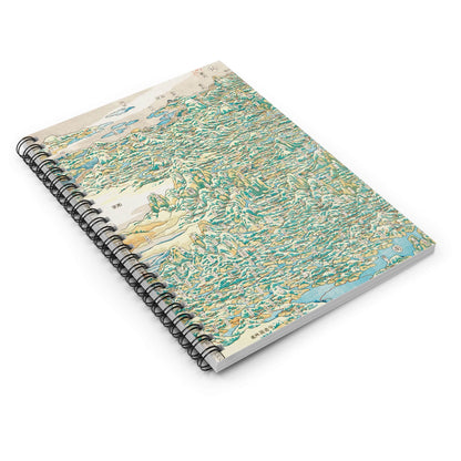 Japanese Woodblock Spiral Notebook Laying Flat on White Surface