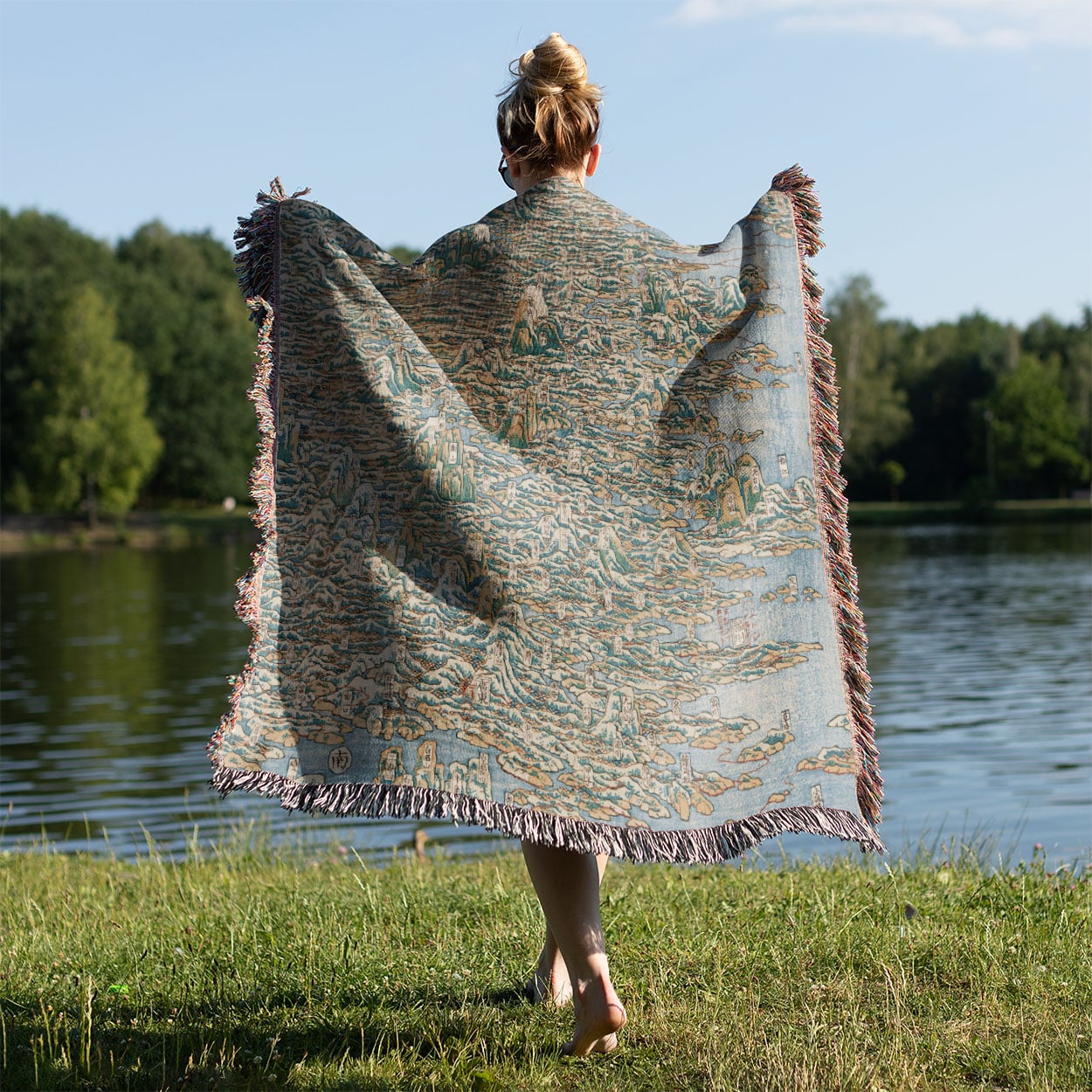 Japanese Woodblock Woven Throw Blanket Held on a Woman's Back Outside