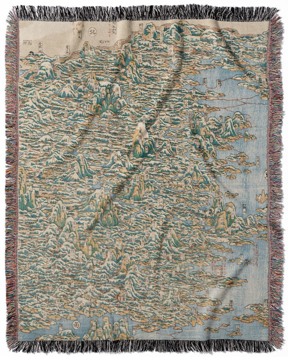 Japanese Woodblock woven throw blanket, made from 100% cotton, offering a soft and cozy texture with a vintage map of China design for home decor.