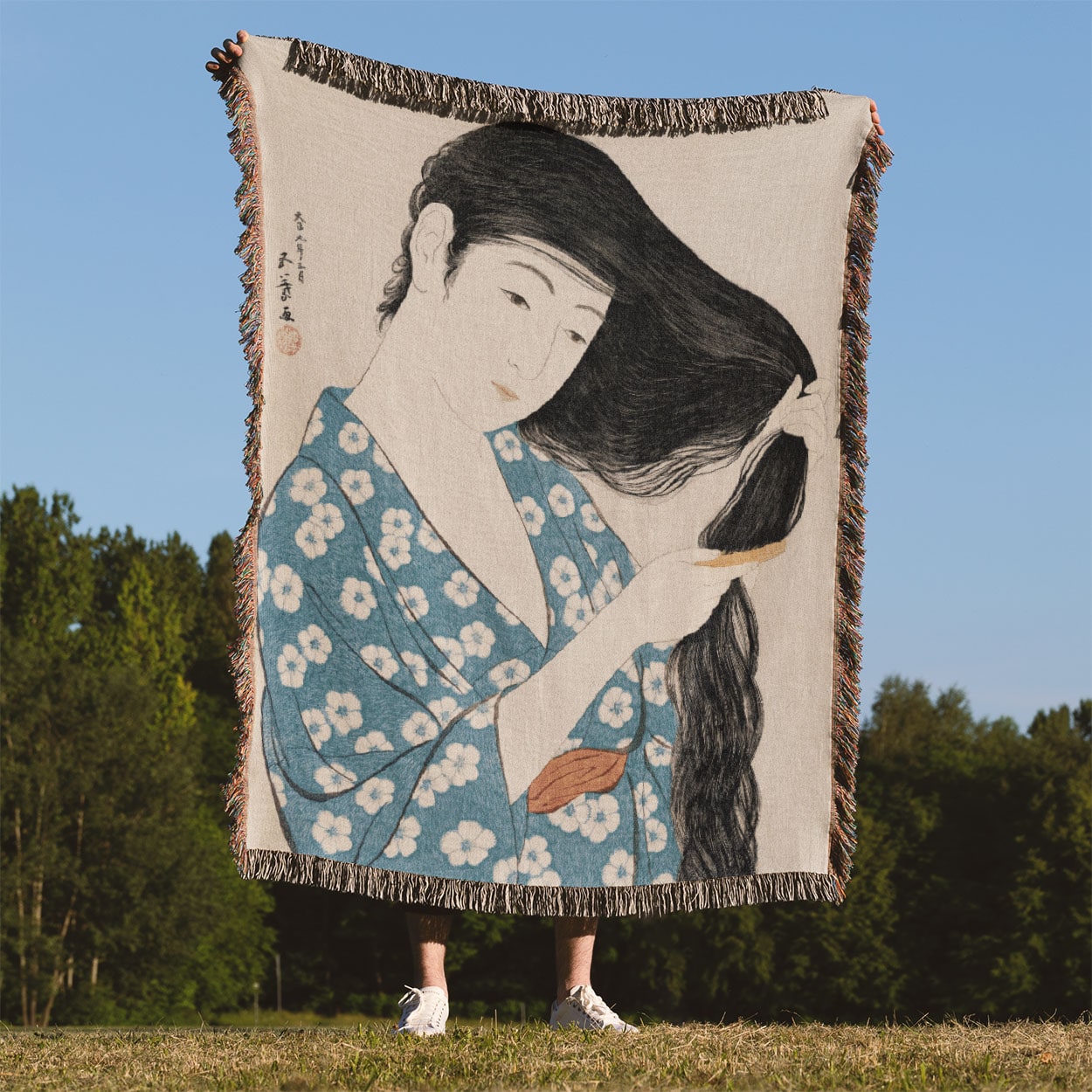 Japanese Woven Blanket Held Up Outside