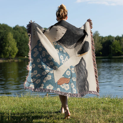 Japanese Woven Blanket Held on a Woman's Back Outside