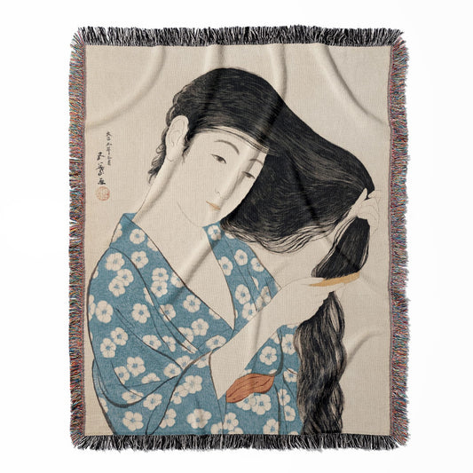 Japanese Art woven throw blanket, crafted from 100% cotton, offering a soft and cozy texture with a woman combing her hair design for home decor.