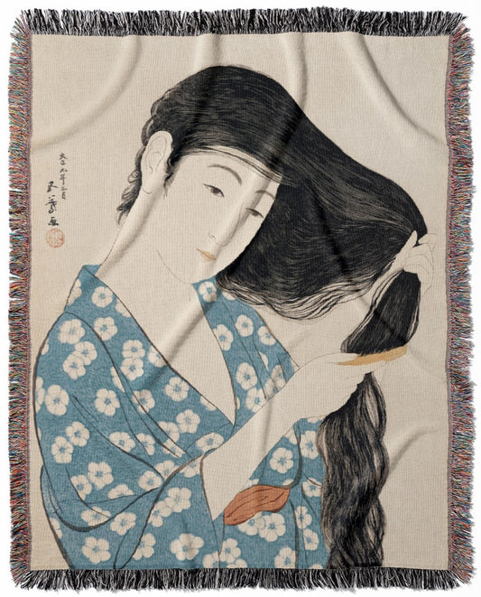 Japanese Art woven throw blanket, crafted from 100% cotton, offering a soft and cozy texture with a woman combing her hair design for home decor.
