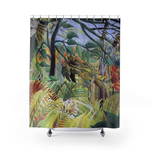 Jungle Landscape Shower Curtain with scared tiger design, exotic bathroom decor featuring vibrant jungle scenes.