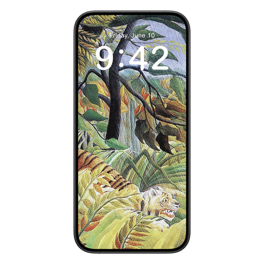 Jungle Landscape phone wallpaper background with scared tiger design shown on a phone lock screen, instant download available.