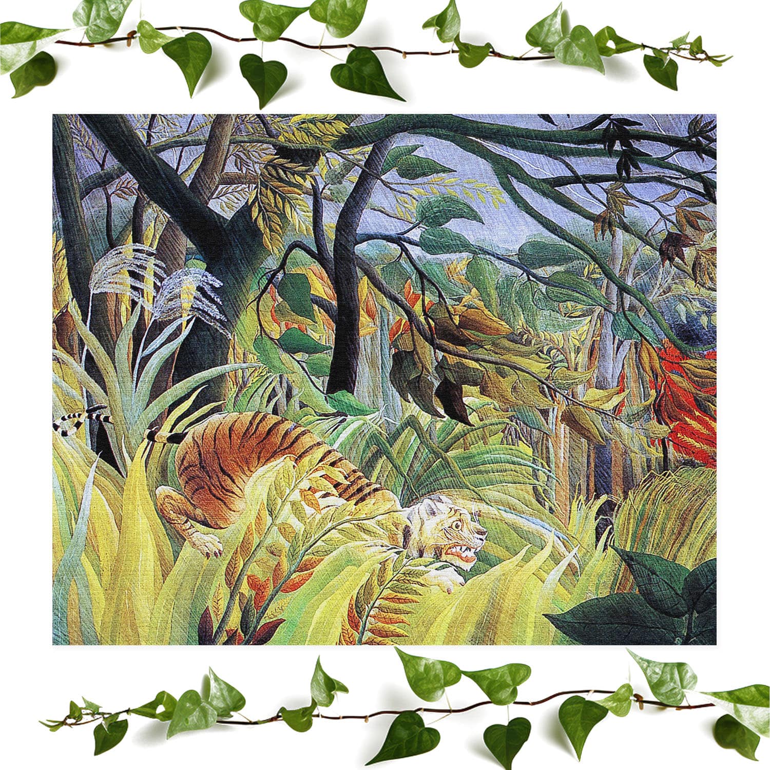 Jungle Landscape art prints featuring a scared tiger, vintage wall art room decor