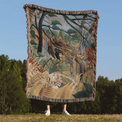 Jungle Landscape Woven Blanket Held Up Outside
