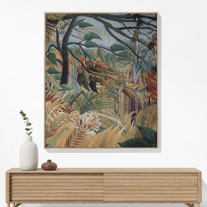 Jungle Landscape Woven Blanket Hanging on a Wall as Framed Wall Art