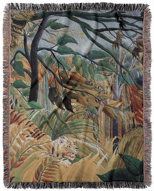 Jungle Landscape woven throw blanket, made of 100% cotton, presenting a soft and cozy texture with a scared tiger design for home decor.