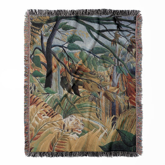 Jungle Landscape woven throw blanket, made of 100% cotton, presenting a soft and cozy texture with a scared tiger design for home decor.