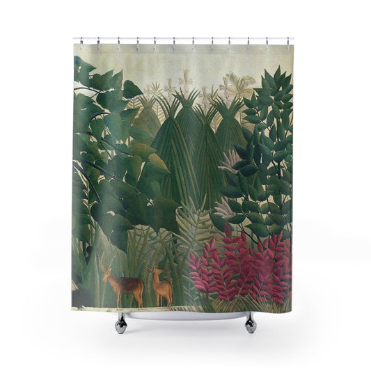 Jungle Shower Curtain with tropical waterfall design, exotic bathroom decor showcasing vibrant jungle scenes.