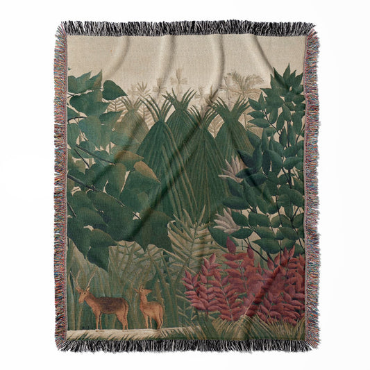 Jungle woven throw blanket, crafted from 100% cotton, featuring a soft and cozy texture with a tropical waterfall theme for home decor.