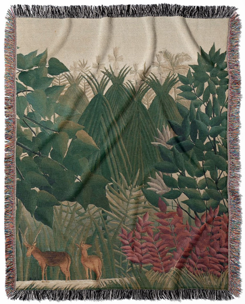 Jungle woven throw blanket, crafted from 100% cotton, featuring a soft and cozy texture with a tropical waterfall theme for home decor.