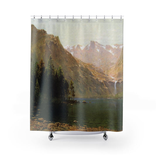 Lake and Mountains Shower Curtain with Lake Tahoe design, scenic bathroom decor featuring picturesque lake and mountain views.