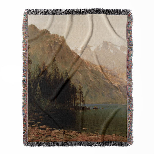 Lake and Mountains woven throw blanket, made of 100% cotton, featuring a soft and cozy texture with a Lake Tahoe theme for home decor.