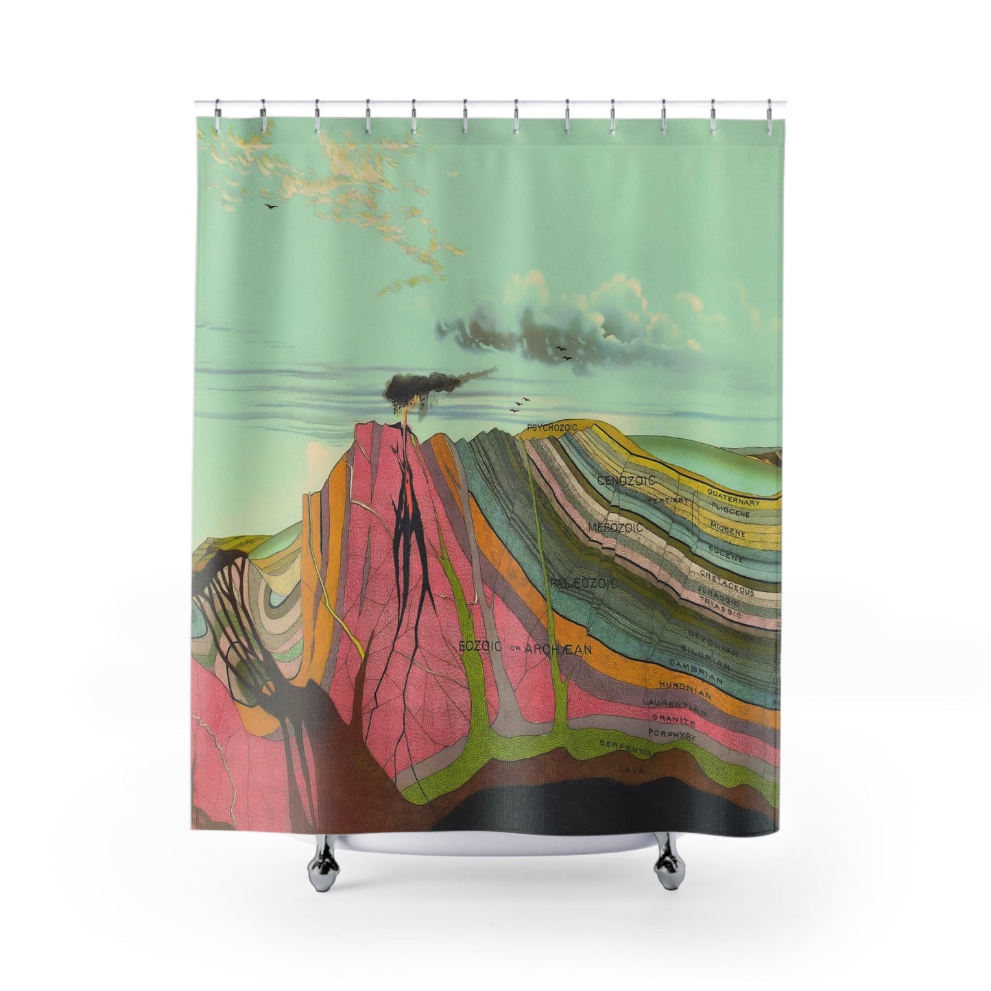 Layers of the Earth Shower Curtain with scientific design, educational bathroom decor showcasing geological strata.