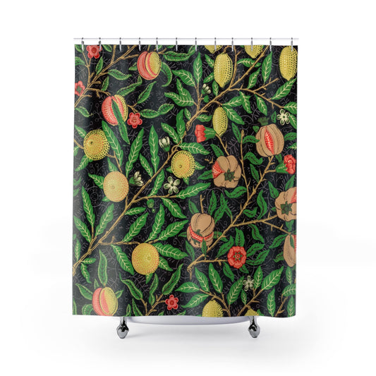 Lemons Shower Curtain with William Morris fruits design, artistic bathroom decor featuring Morris's fruit motifs.