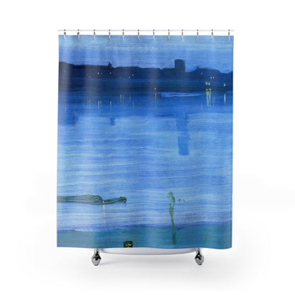 Light Blue Abstract Shower Curtain with tranquil design, calming bathroom decor showcasing light blue abstract art.